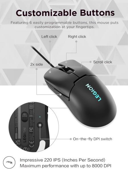 Lenovo Legion M300s RGB 有線ゲーミングマウス - 8,000 DPI 調整可能センサー 6つのプログラム可能なボタン & 2,000万回のクリックの耐久性 最適化された快適性 (ブラック)_3