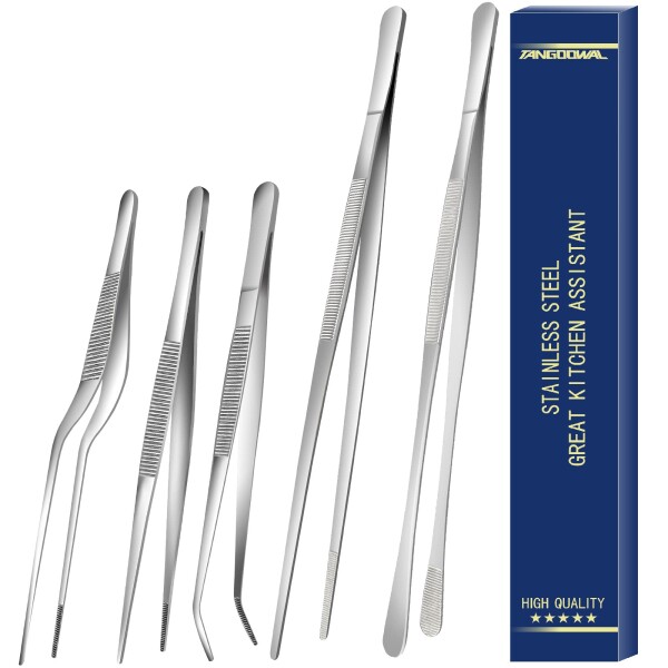 5 pinzas finas de cocina, juego de pinzas de acero inoxidable, pinzas largas de cocina profesionales para cocinar, reparar, marisco, barbacoa, multiusos (12 y 6.3 pulgadas)