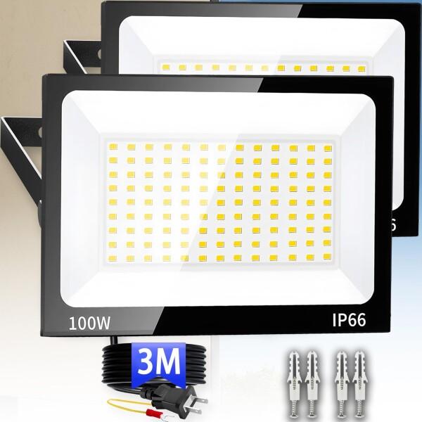 投光器 led投光器 屋外 100W 2個セット 3Mコード 6500K 昼光色 作業灯 コンセント式 15000LM 高輝度 IP66防水 豪雨対応 長寿命 省エネ 120°広角 屋外照明 掲示板 駐車場 運動場 倉庫照明 天井照明
