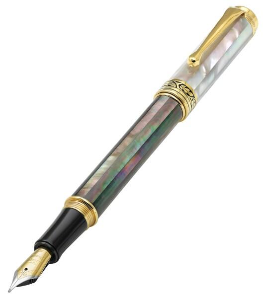 Xezo Maestro 万年筆 中字 玉虫色 海洋起源 タヒチ ブラック&ホワイト マザーオブパール.18カラットゴールドメッキ継手.ハンドメイド、同一のペン2本はありません