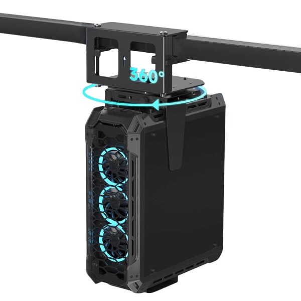 デスクトップPC吊り下げブラケット 冷延鋼製・耐荷重30kg・360度回転 、ノーホール（穴あけ不要）取り付け可能なCPUスタンド、昇降デスク対応、ケーブル管理機能付き (A)