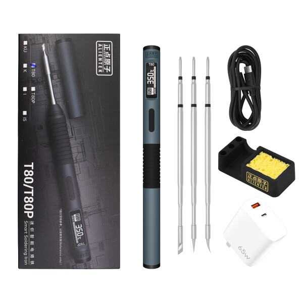 ALIENTEK はんだごてキット 100W 高速加熱 T80/T80P デジタルはんだごて PD/QC、Type-C ポータブル デジタル OLED スクリーンディスプレイ、オートスリープ (T80+C2C+3タイプチップ+PD 65W)
