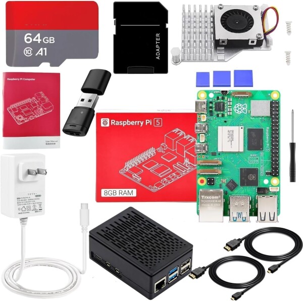 Vesiri Raspberry Pi 5 Starter Kit 技適済み raspberry pi 5 kit ラズベリーパイ5 8GBボード/アクティブクーラー/PD電源アダプター/64GB カード/ABS黒色ケース/MicroHDOUTケーブル/ドライバー/カードリーダー/
