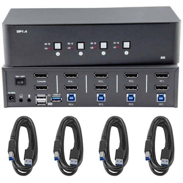 Bytecc KVM スイッチ 2 台のモニター、4 台のコンピューター、4 入力 2出力、8k ディスプレイポート スイッチ、USB 3.0、ジャック付き、4 台のコンピューターでキーボードとマウスのセットを