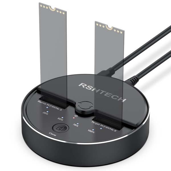 RSHTECH M.2 NVMe SSDケース クローン スタンド デュアルベイ USB3.2 Gen2 10Gbps 高速転送 M.2 デュプリケーター 2230/2242/2260/2280/22110 全サイズ対応 M Key/B&M Key 最大4TB UASP/TRIM対応 USB C-C / C-A ケーブル2