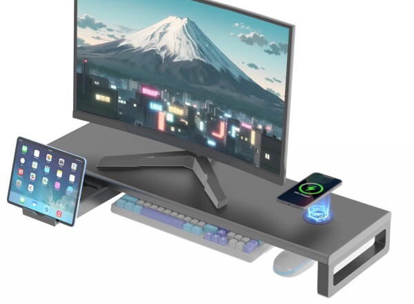 (ミノリの恵)モニタースタンド ワイヤレス充電器搭載 モニター台 幅80CM ディスプレイ 台 引き出しとスマホホルダー付き 机上台 ノートパソコン/プリンター/iMac/タブレットパソコンに適