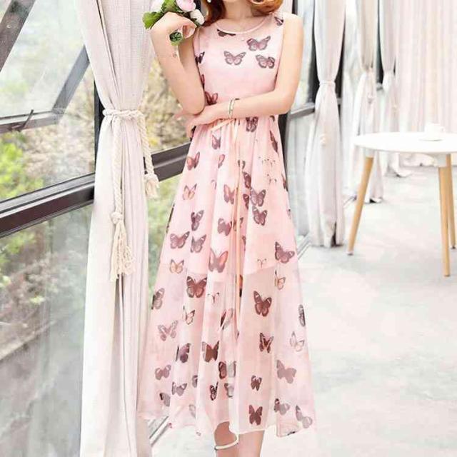 マキシワンピ 一枚で気楽 夏 ノースリーブ マキシワンピース 蝶柄 ピンク マキシ丈の通販はau Pay マーケット ｓｕｎｆｌｏｗｅｒ