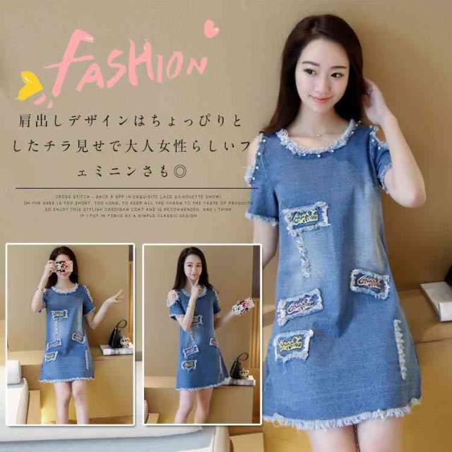 肩開きデニムワンピース 半袖 カジュアルワンピース デニムワンピ 肩開き 肩出し ゆったり Aライン 膝上丈 大きサイズ かわいの通販はau Pay マーケット ｓｕｎｆｌｏｗｅｒ