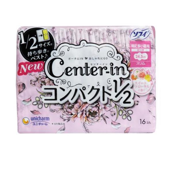 クーポン有 ソフィ センターイン コンパクト1/2 スイートフローラルの香り 特に多い昼用 16個入 (羽根つき 24.5cm)(定形外郵便での配送)