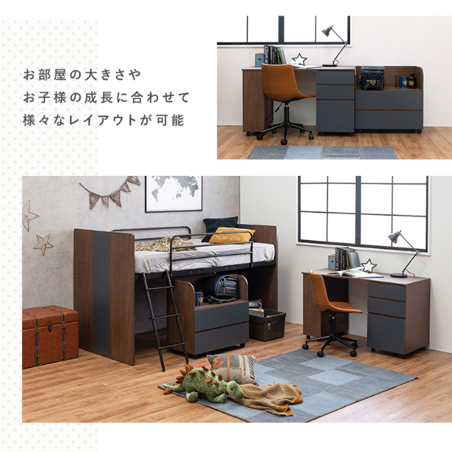 ベッド システムベッド 3点セット RB-1620S 萩原 セット 子供 ベッド デスク ワゴン セット 子供部屋 ロフト 机 収納_2