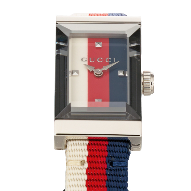 グッチ GUCCI 腕時計 Gフレーム 147.5/YA147508 レクタンギュラー ホワイト/レッド/ネイビー文字盤 ロング ナイロンベルト SS クオーツアナログ 【中古】 GUCCI - グッチ GUCCI 腕時計 Gフレーム 147.5/YA147508
