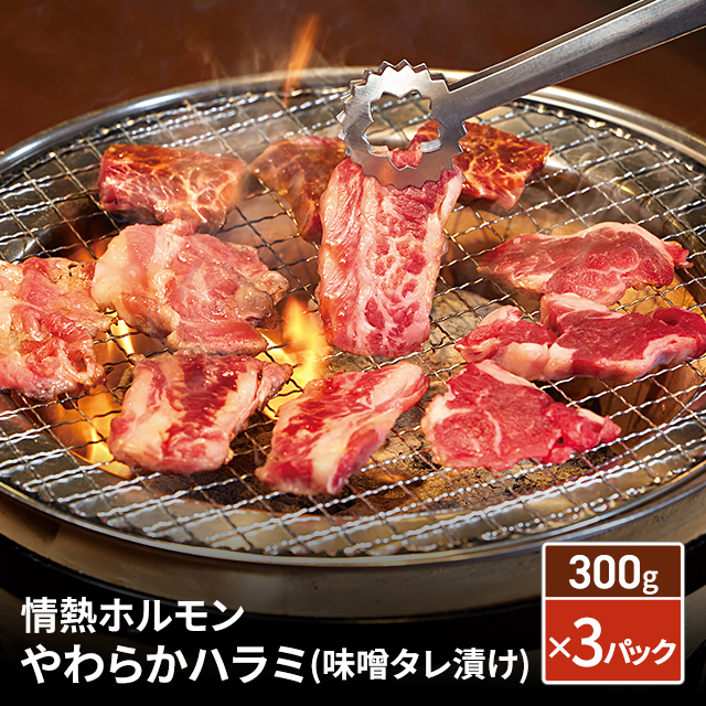 情熱ホルモン やわらかハラミ(味噌タレ漬け) 300g×3パック 冷凍 肉 焼肉 BBQ キャンプ