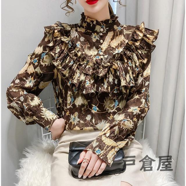 シフォンブラウス フリルブラウス レディース トップス 長袖 花柄ハイネック パワーショルダー ドレープ きれいめ 上品 高級感 大人女子 の通販はau Pay マーケット Cuclo Shop