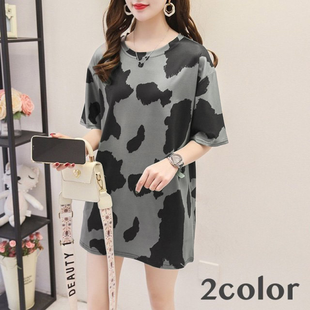 カットソー Tシャツ チュニック レディース 女性 トップス 半袖 5分袖 ラウンドネック オーバーサイズ ビッグシルエット アニマル柄 牛柄の通販はau Pay マーケット Fast Fashion