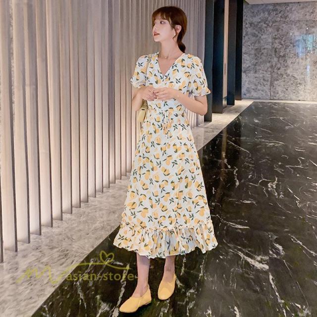 夏ワンピース レディースワンピ シフォンワンピース 小顔効果 着痩せ感up きれいめ 体型カバー 膝下 花柄 韓国風 21 Aライン 着痩せ の通販はau Pay マーケット Cuclo Shop