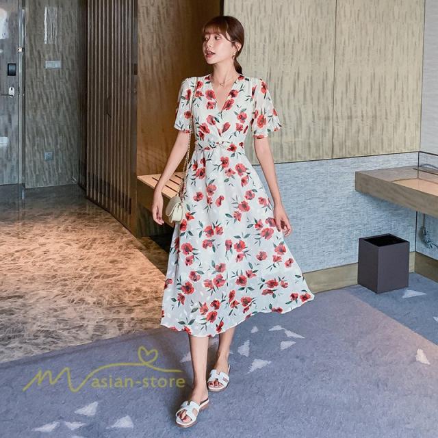夏ワンピース レディースワンピ シフォンワンピース Vネック 小顔効果 着痩せ感up きれいめ 体型カバー 膝下 花柄 女の子 着痩せ ドレスの通販はau Pay マーケット Cuclo Shop