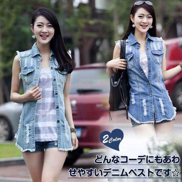 デニムベスト ジレンチ ロングジレ ジレベスト ベストコート チョッキ レディース 襟付き ロング丈 ノースリーブ ウォッシュ加の通販はau Pay マーケット Takeoff