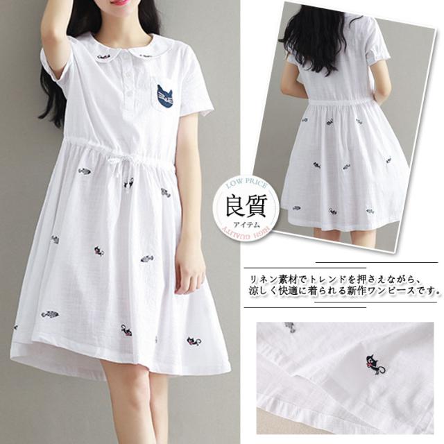 リネン ワンピース レディース 夏 膝丈 ワンピース 半袖 猫柄 ゆったり カジュアル 春夏 Aライン チュニックワンピ の通販はau Pay マーケット Apaapa