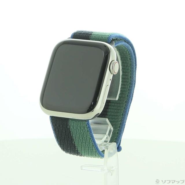 (中古)Watch Series 7 GPS + Cellular 45mm シルバーステンレススチールケース ミッドナイト/ユーカリスポーツループ(276-ud)