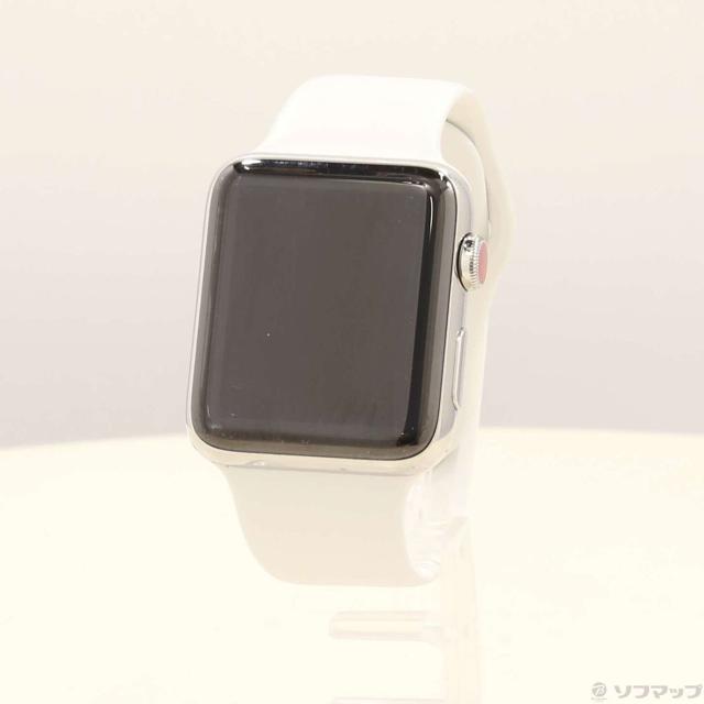 (中古)Apple Apple Watch Series 3 GPS + Cellular 42mm ステンレススチールケース ソフトホワイトスポーツバンド(247-ud)