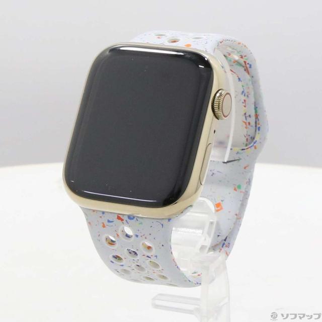 (中古)Apple Apple Watch Series 9 GPS + Cellular 45mm ゴールドステンレススチールケース ピュアプラチナムNikeスポーツバンド(258-ud)
