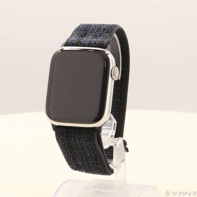 (中古)Apple Apple Watch Series 9 GPS + Cellular 45mm シルバーステンレススチールケース ブラック/ブルーNikeスポーツループ(198-ud)