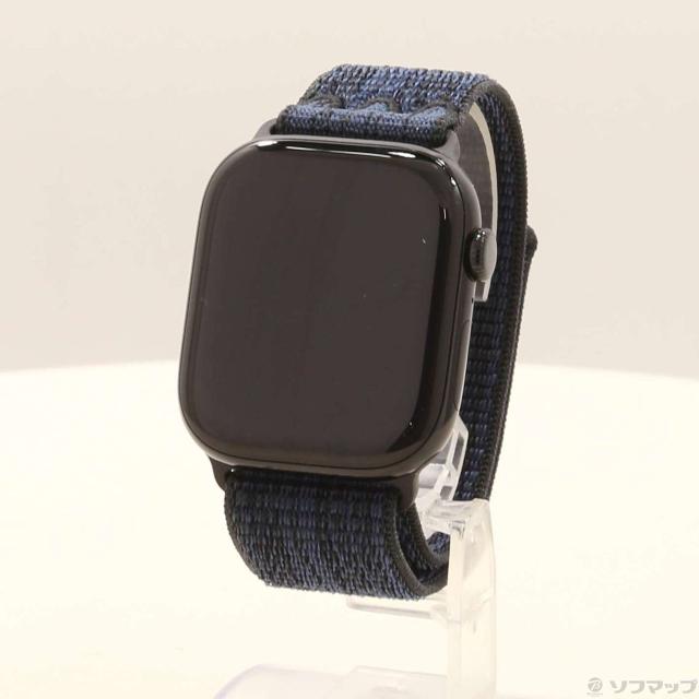 (中古)Apple Apple Watch Series 10 GPS 46mm ジェットブラックアルミニウムケース ブラック/ブルーNikeスポーツループ(377-ud)