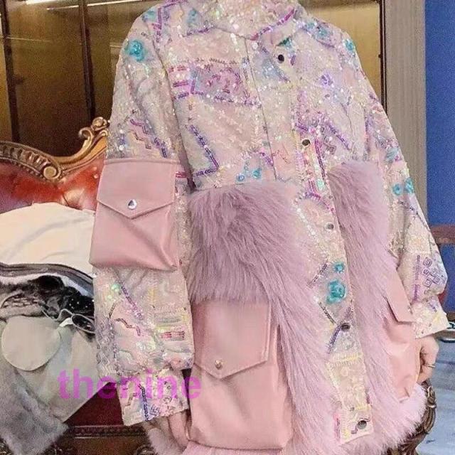 レディースファッション ヨーロッパの商品の冬の新しい長い毛皮の女性ファッション重いスパンコール トカ ウール 1 つ暖かいジャケットの大人の通勤の通販は