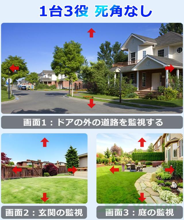 防犯カメラ 屋外 360°全方位 自動追尾 PIR人体検知 3雲台?3画面 監視カメラ 遠隔操作 wifi接続 夜間カラー撮影 PTZ機能 首振り 警報通知 双向音声通話 遠隔操作 警報録画 SDカード/Cloud録画 対応 自動上書き 防水 家族共有 玄関ドア 見守りカメラ_2