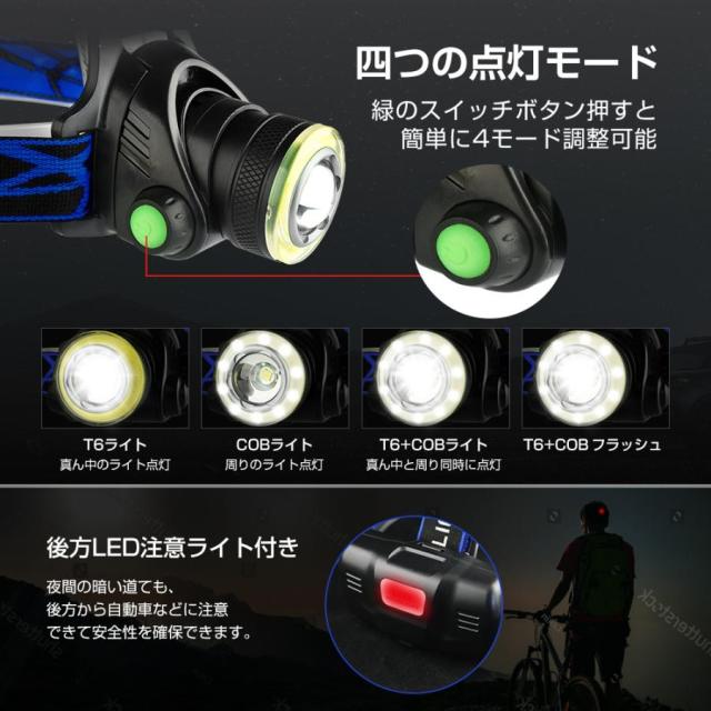 ヘッドライト ヘッドランプ ledヘッドライト 最強5200ルーメン USB充電 90°調整 ズーム式 集光散光切替 軽量 防水防災 夜釣り 作業 地震 停電 非常時用 2063