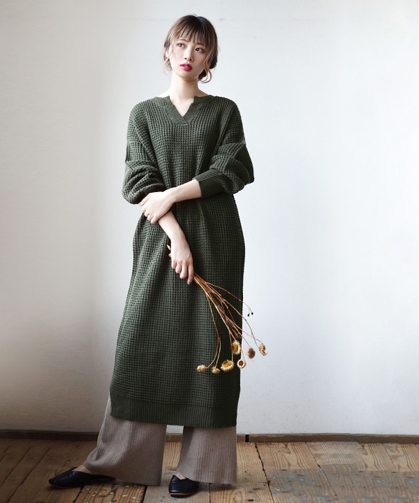 春新作 キーネック ワッフルニットワンピース トップス ワンピース ワンピ ロングワンピース ロングワンピ ロング丈 ロング 膝下 ひざ下 の通販はau Pay マーケット イーザッカマニアストアーズ