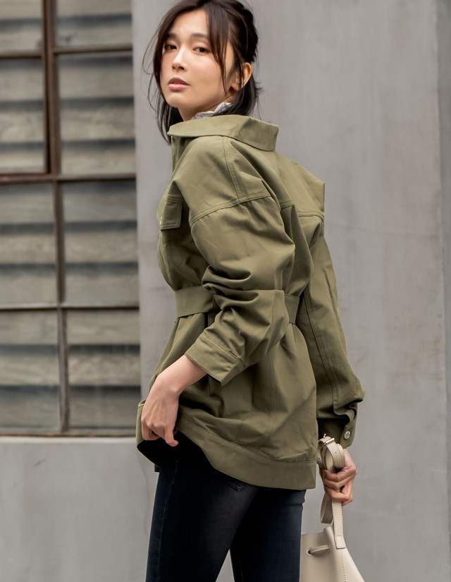 ウエストベルト付きミドル丈ツイルミリタリージャケット マウンテンパーカー レディース ミライトアウター 羽織り ウエストマーク チュの通販はau Pay マーケット Re Edit リエディ