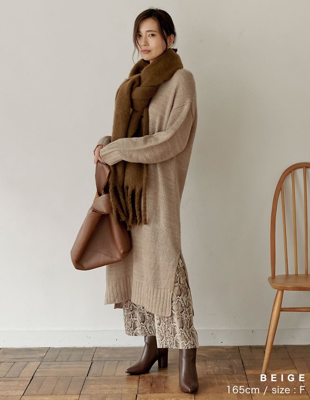 3 5g起毛糸vネックワンピース レディース ニットワンピース ロング丈 長袖 ゆったり リラックス ざっくり レイヤード 秋冬の通販はau Pay マーケット Re Edit リエディ