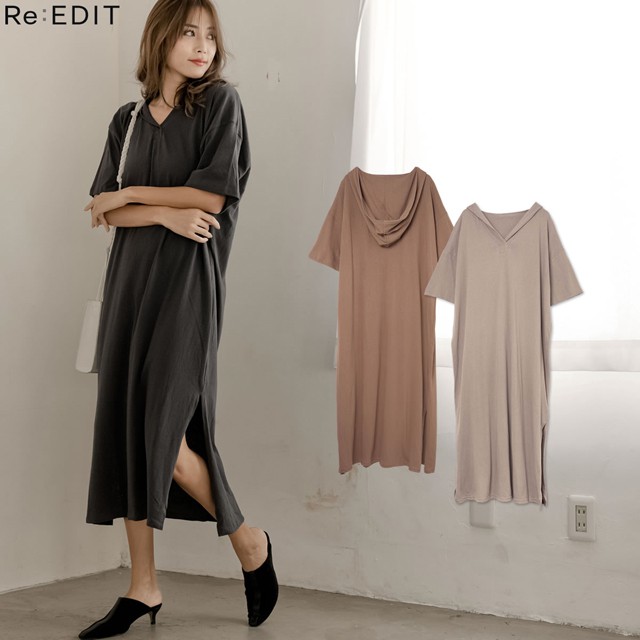 フード付き5分袖マキシワンピース レディース ワンピース ロングワンピース 綿100 コットン100 19の通販はau Pay マーケット Re Edit リエディ