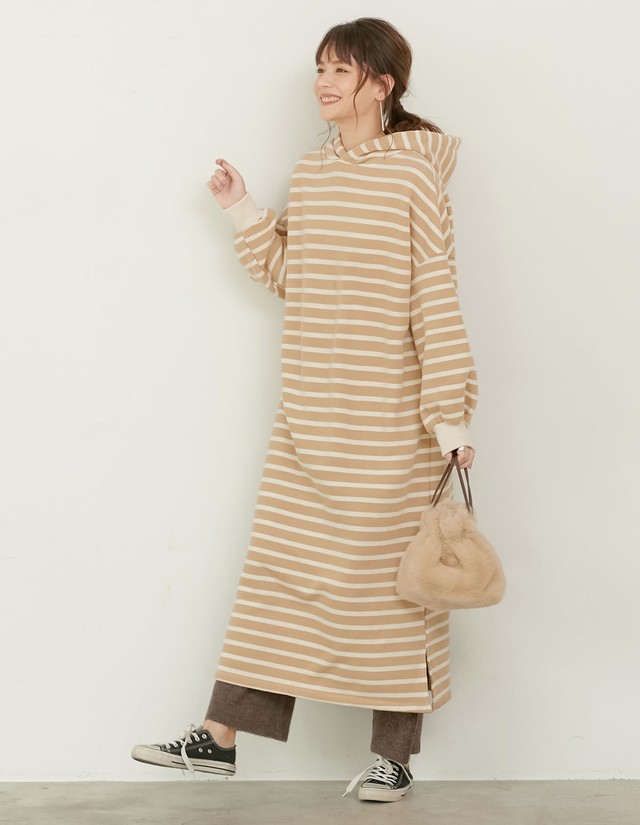 フード付きボーダーワンピース レディース ワンピース マキシワンピース ロング丈 マキシ丈 裏起毛 ワンマイルウェア 部屋着 冬の通販はau Pay マーケット Re Edit リエディ
