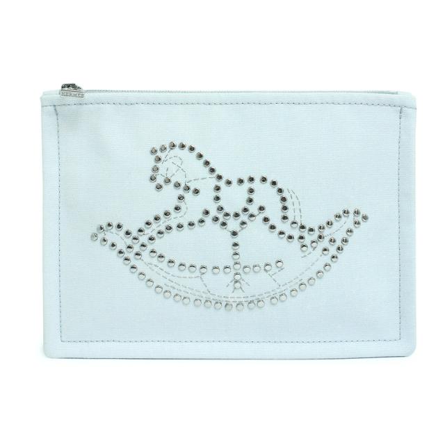 （美品）エルメス HERMES トゥルース フラット PM ベビー クリュート シュヴァル スタッズ 木馬 ポーチ トワル コットン 100％ ブルーグラシエ ライトブルー 青