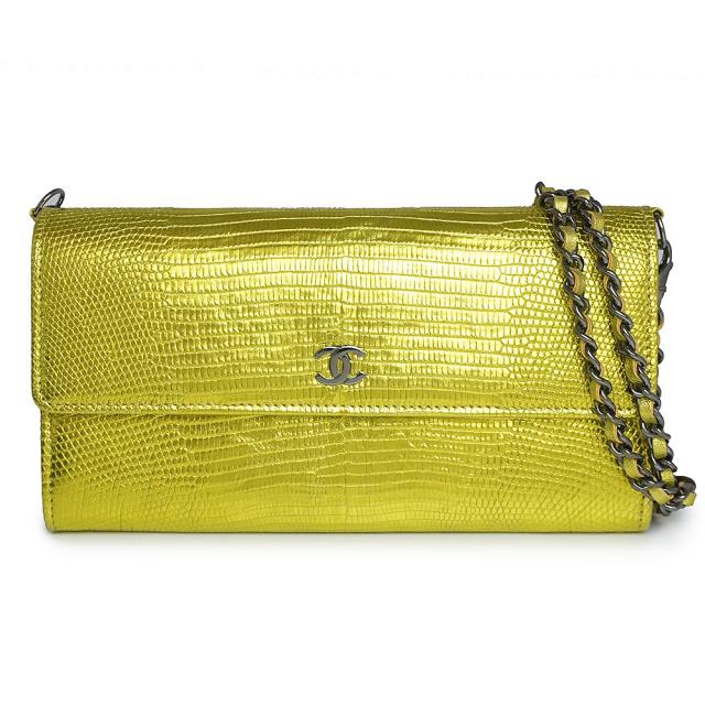 （未使用　展示品）シャネル CHANEL チェーンウォレット 二つ折り長財布 斜め掛け リザード型押しレザー イエロー ゴールド 黄色 A80418 箱付