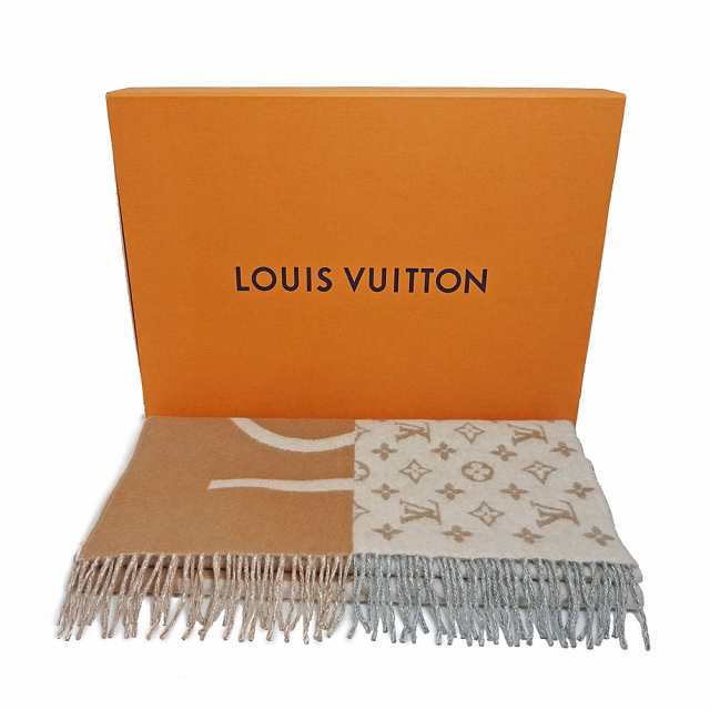 ショッピング販売 （新品・未使用品）ルイ ヴィトン LOUIS VUITTON マフラー モノグラム スプリット カシミヤ 100％ ベージュ  ブラウン ホワイト 茶 白 M