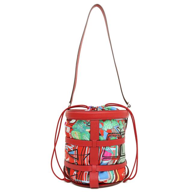 （新品・未使用品）エルメス HERMES ミュザルディーヌ 熱帯のモダニズム Modernisme tropical ストラクチャー ポション ドローストリング ショルダーバッグ ヴォーエプソン レザー シルク100％ ルージュカザック ヴァーミリオン レッド 赤 シルバー金具 A刻印 箱付