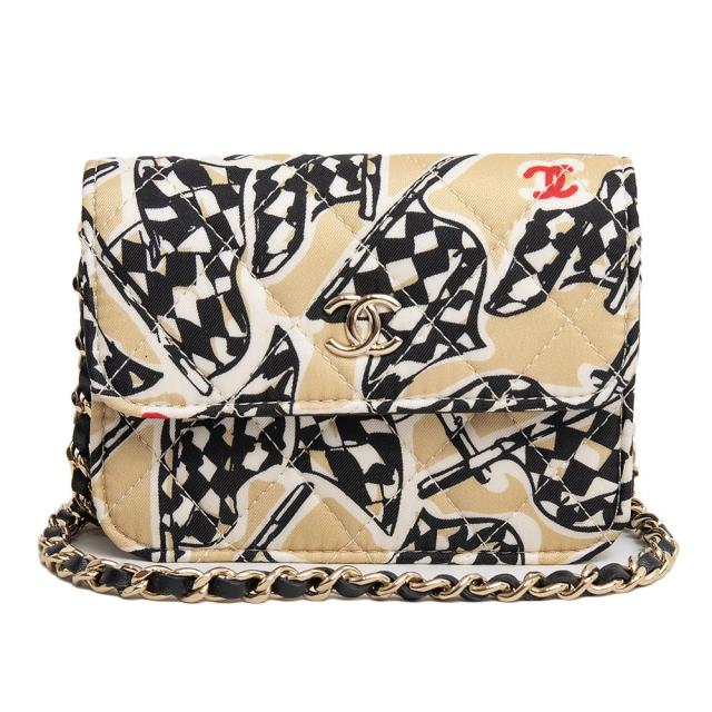 （新品・未使用品）シャネル CHANEL チェッカーフラッグ イヤーエンドギフト キルティング ミニ チェーン ショルダーバッグ 斜め掛け コットン レザー ベージュ ブラック ゴールド金具 箱付