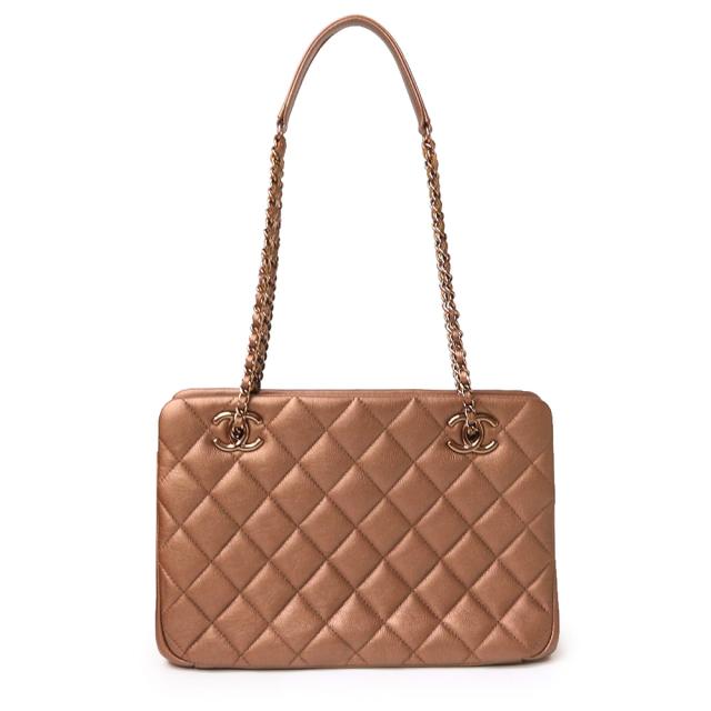 （美品）シャネル CHANEL マトラッセ チェーン スモール トート ショッピング バッグ カーフスキンレザー メタリック ブロンズゴールド金具 A92892