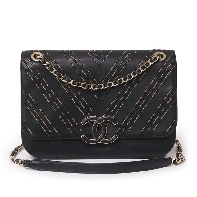 （中古）シャネル CHANEL フラップ V ステッチ チェーン ショルダーバッグ 斜め掛け 2WAY ココマーク シープスキン レザー ブラック 黒 ゴールド金具 A91893