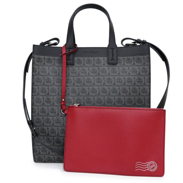 （新品・未使用品） サルヴァトーレフェラガモ Salvatore Ferragamo ガンチーニ モノグラム 2WAY ショルダー 斜め掛け ハンドバッグ ファブリック カーフスキン レザー グレー ブラック 黒 シルバー金具 24A409 ポーチ付