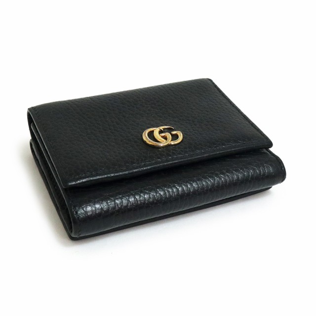 （中古）グッチ GUCCI プチマーモント ダブルG Wホック コンパクト 三つ折り財布 カーフスキン レザー ブラック 黒 ゴールド金具  474746｜au PAY マーケット