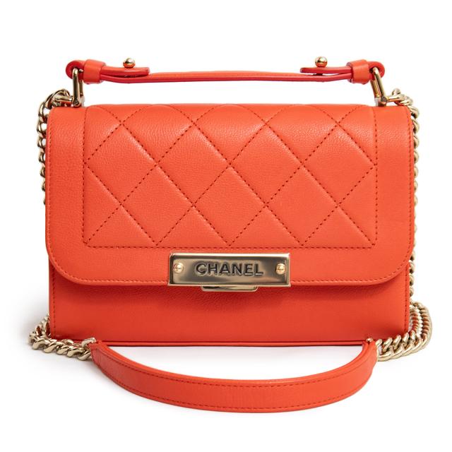 （未使用　展示品）シャネル CHANEL マトラッセ ラベルクリック シングルフラップ チェーンショルダー ハンドバッグ 2Way 斜め掛け カーフスキン レザー オレンジ ゴールド金具 A93701