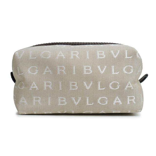 （新品・未使用品）ブルガリ BVLGARI レッタレ ロゴマニア コスメティック 化粧 ポーチ キャンバス レザー ベージュ ブラウン 茶 シルバー金具