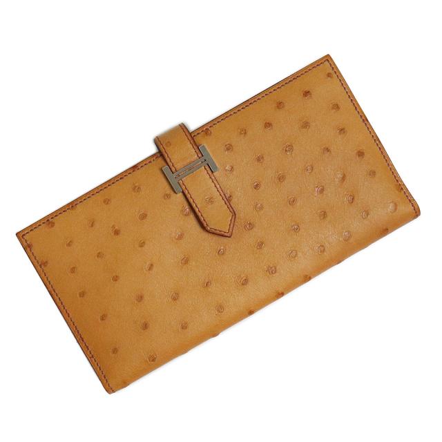 （未使用保管品）エルメス HERMES ベアン スフレ 二つ折り長財布 オーストリッチ エキゾチックレザー チェスナッツ ブラウン 茶 シルバー金具 A刻印 箱付