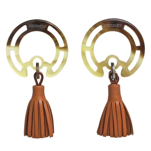 （新品・未使用品）エルメス HERMES トロッターTROTTEUR フリンジ ピアス バッファローホーン アニューミロ ラムスキン レザー ゴールド ブラウン 茶 シルバー金具 箱付の通販は