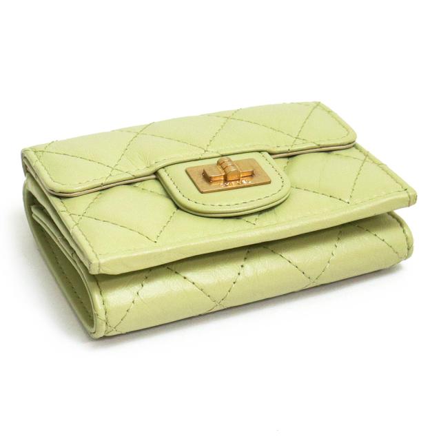 （新品・未使用品）シャネル CHANEL 2.55 スモール フラップ ウォレット コンパクト 三つ折り財布 エイジドカーフスキン レザー ライトグリーン 緑 ヴィンテージゴールド金具 A70325 箱付_8