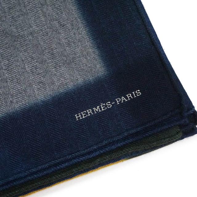 （新品・未使用品）エルメス HERMES カレH 100 Hダイ 大判 スカーフ カシミヤ 100％ ナチュラル グリ サフラン マリン 箱付 新品・未使用品）エルメス HERMES カレH 100 Hダイ 大判 スカーフ